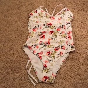 flower print white one piece swimsuit open back